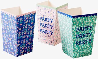 Bägare Popcorn från Rice med färgglada mönster och text