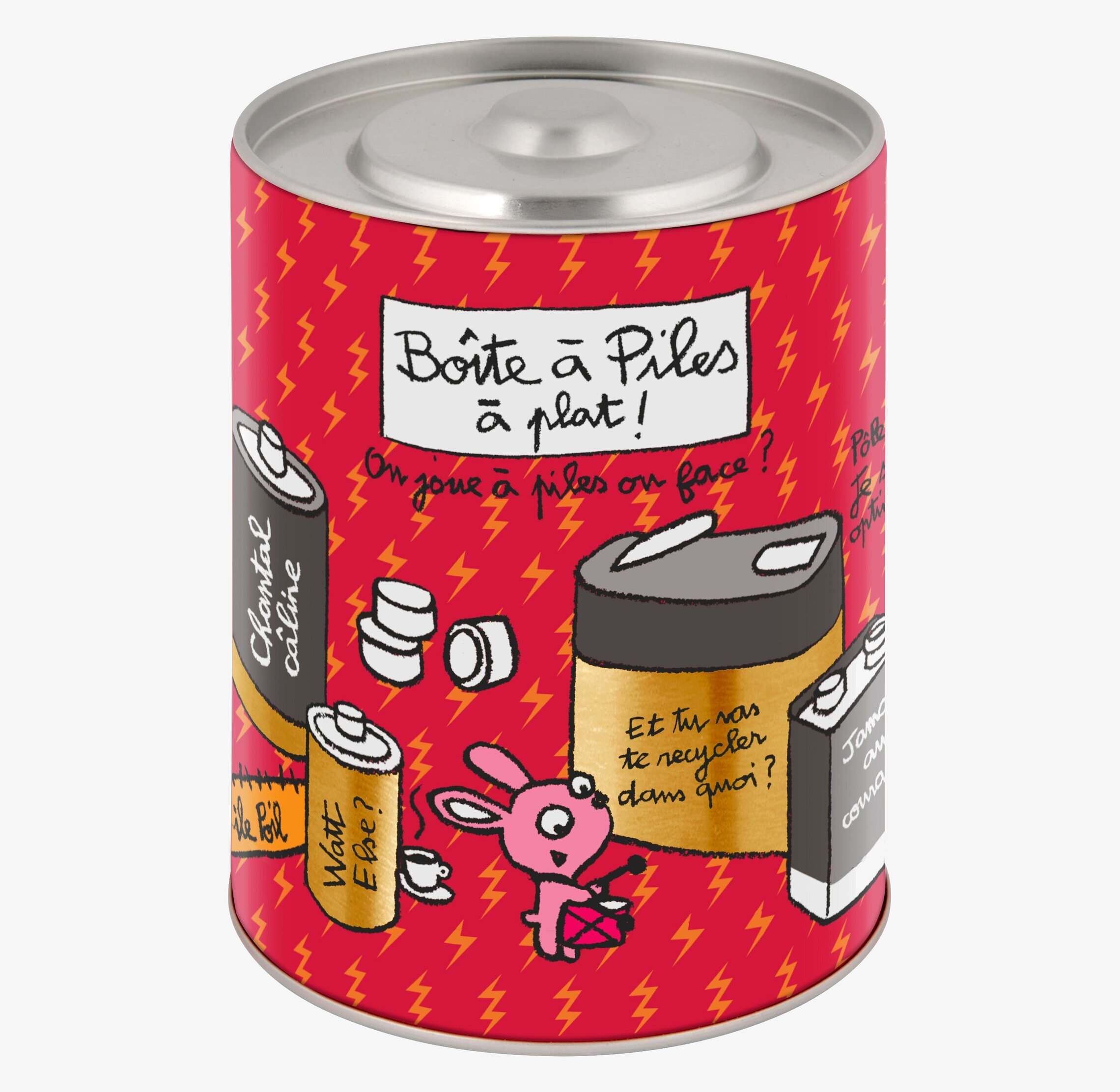 Bild av lekfull plåtburk med batterimotiv och kanin