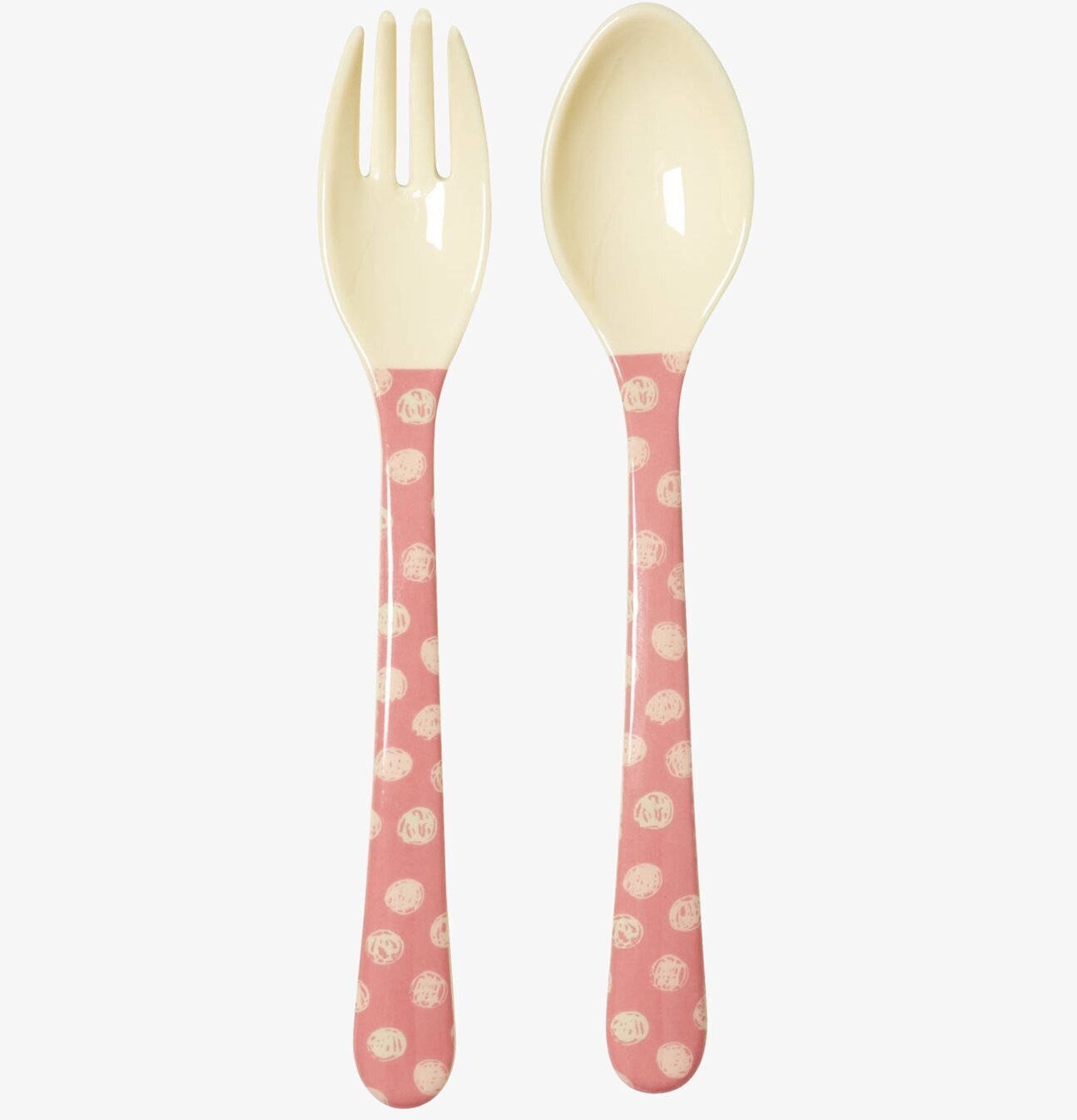 Bestickset Happy Camper från Rice med rosa handtag och prickar