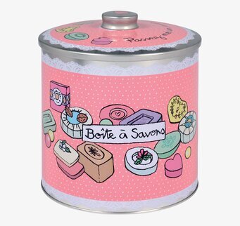 Bild av dekorativ rosa plåtburk för tvålförvaring