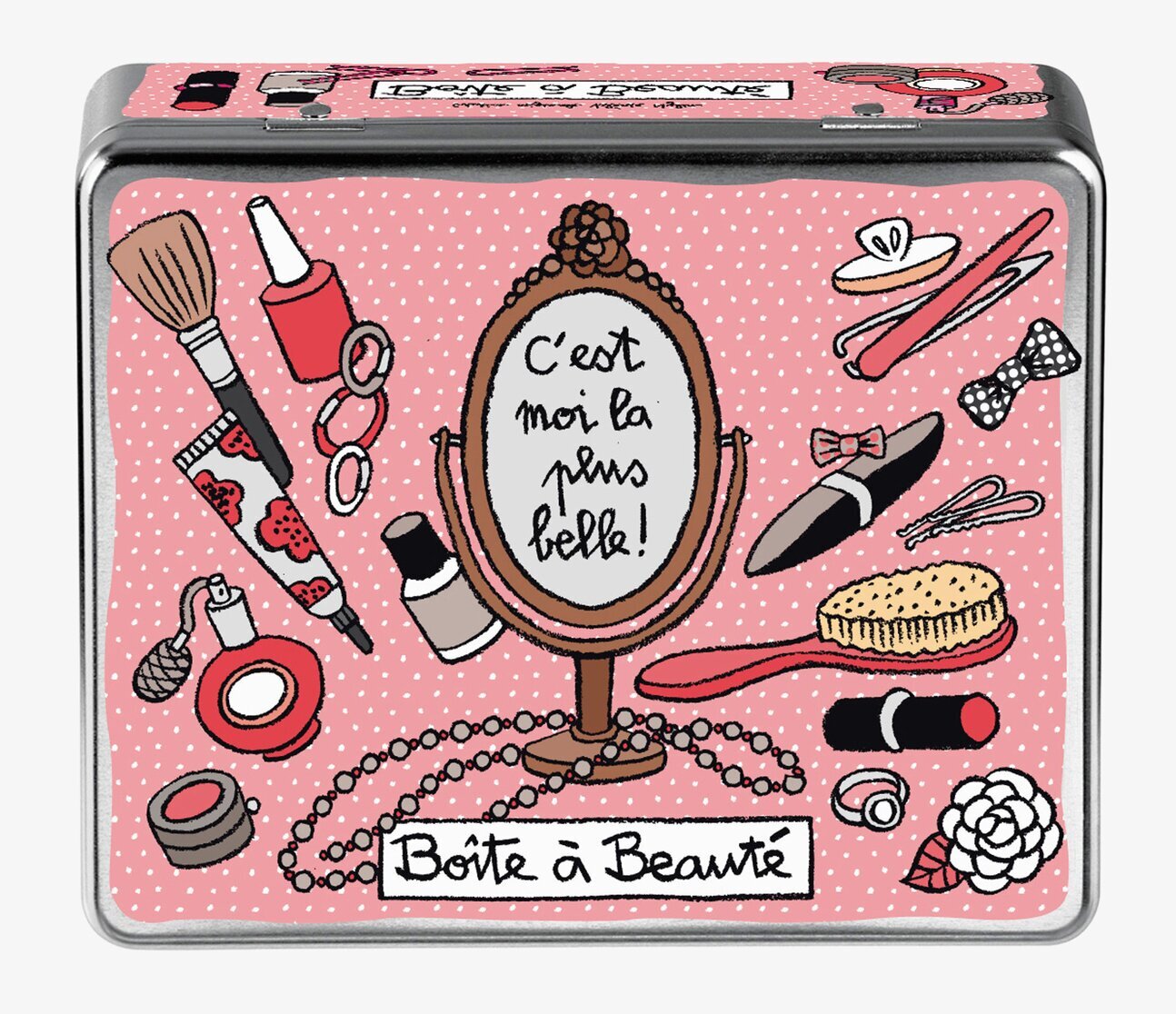 Bild av färgglad sminkburk med fransk design och detaljer