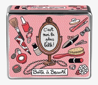 Bild av färgglad sminkburk med fransk design och detaljer