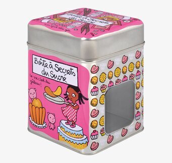 Bild av färgglad plåtburk med lekfullt sötsakstema