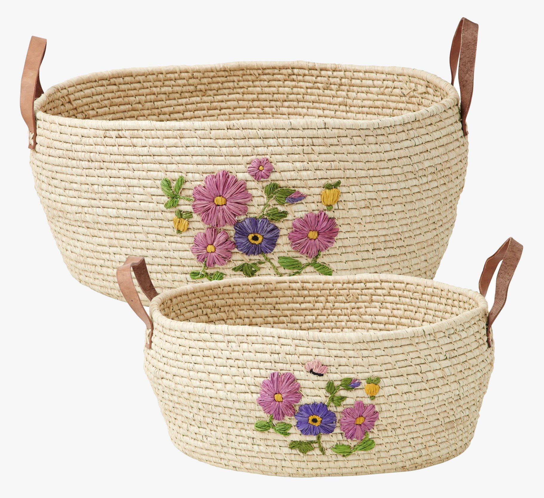 Rund Naturfärgad Raffiakorg från Rice med broderade blommor