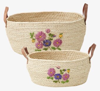 Rund Naturfärgad Raffiakorg från Rice med broderade blommor