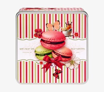 Fyra franska plåtburk från Derriére la porte med macarons