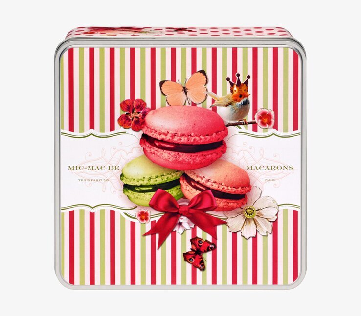 Fyra franska plåtburk från Derriére la porte med macarons