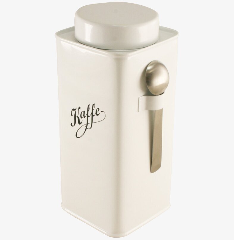 Kaffeburk Med Sked från Strömshaga i vit metall med text