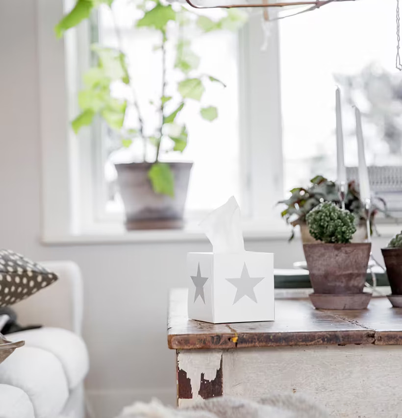 Servettbox STAR Grey från Nordic Tissue på rustikt träbord