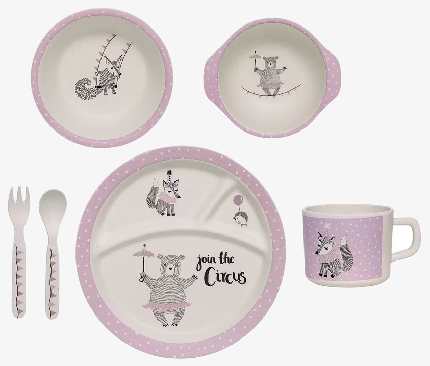 Barnservis Ljuslila från Bloomingville med cirkusmotiv