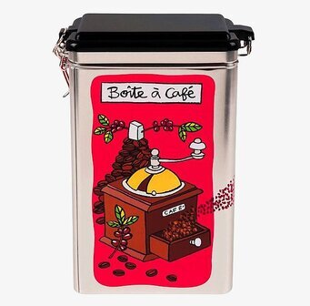 Bild av livfull ceriseröd plåtburk för kaffeförvaring