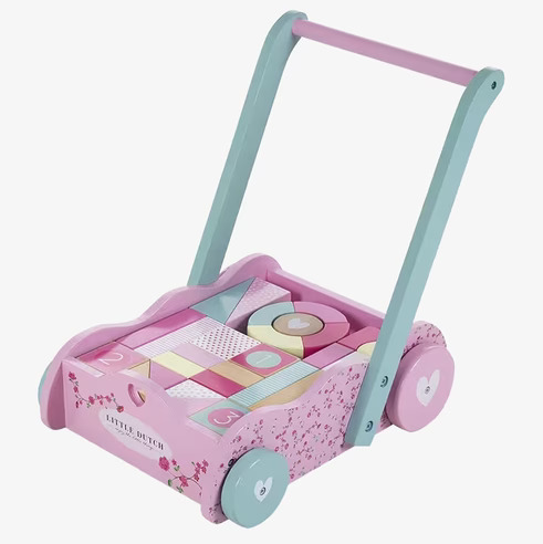 Lära-Gå-Vagn - Pink Blossom från Little Dutch med klossar