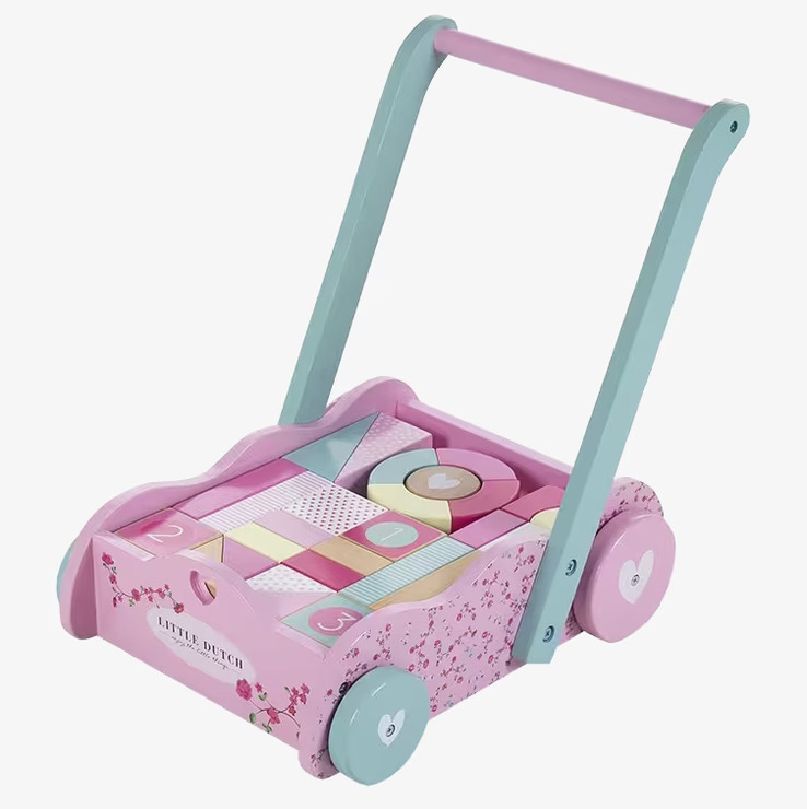 Lära-Gå-Vagn - Pink Blossom från Little Dutch med klossar