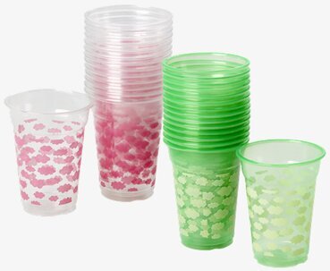 Plastmuggar 18-pack från Rice i rosa och grönt med mönster
