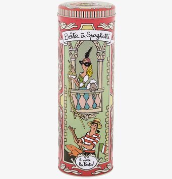 Bild av färgglad plåtburk för spagetti med motiv