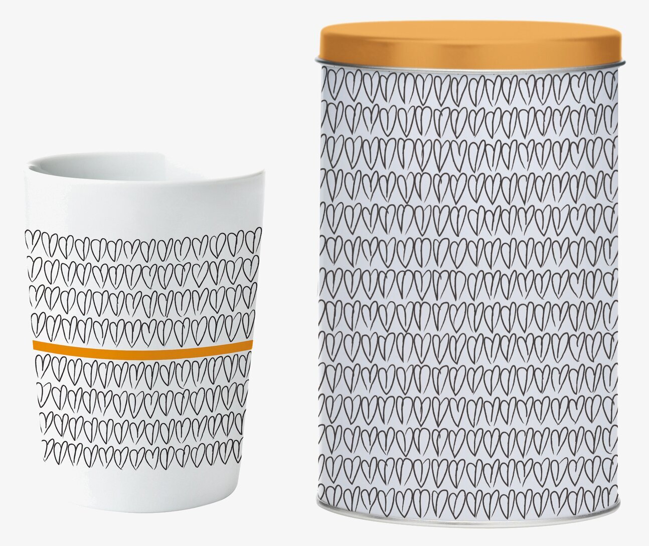 Foto: Stilren plåtburk och mugg med hjärtmönster