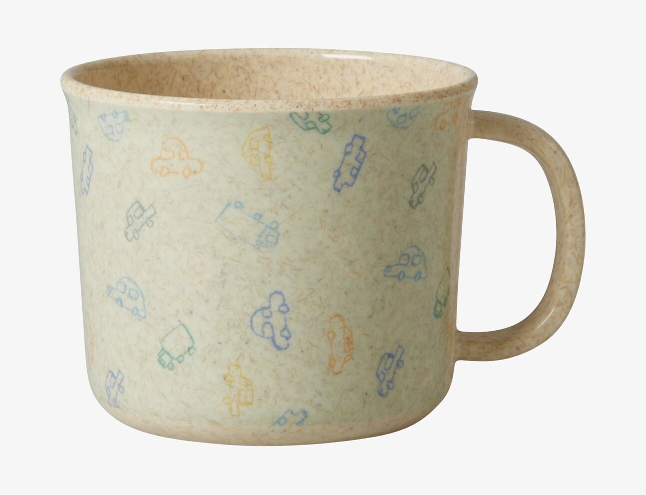 Bild av mugg med lekfullt biltryck och pastellfärger