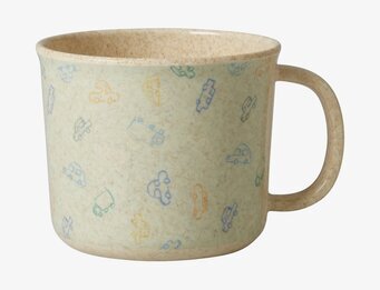 Bild av mugg med lekfullt biltryck och pastellfärger