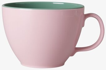 Bild på jumbomugg i melamin med rosa och olivgröna toner