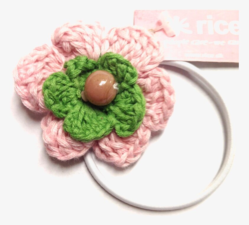 Hårsnodd Blomma Rosa/Grön/Rosa från Rice med virkad blomma