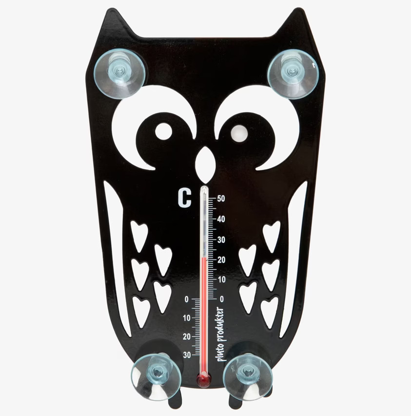 Termometer Uggla från Pluto Produkter, metallväggtermometer