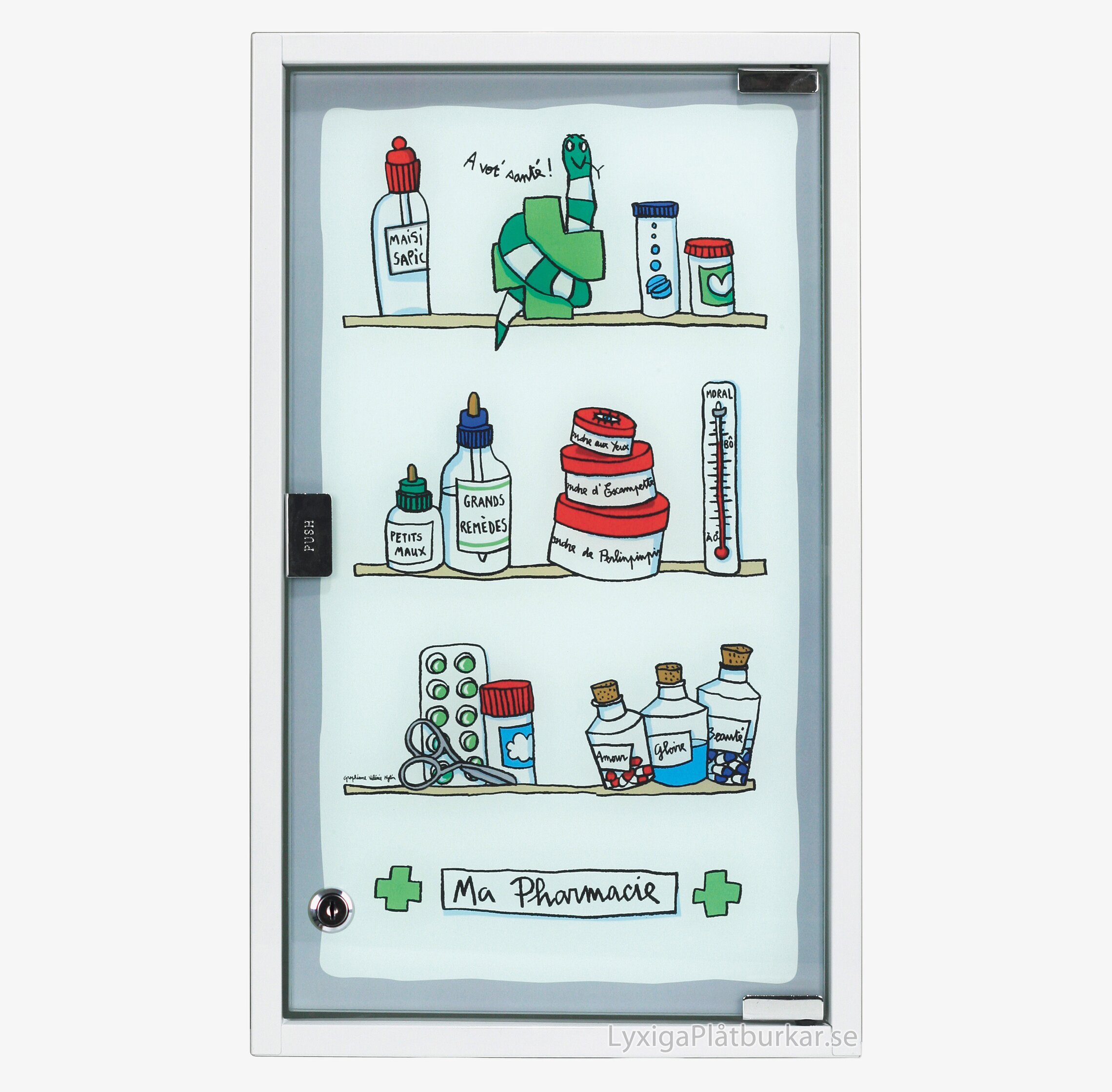 Foto av ett lekfullt illustrerat medicinskåp med glasdörr