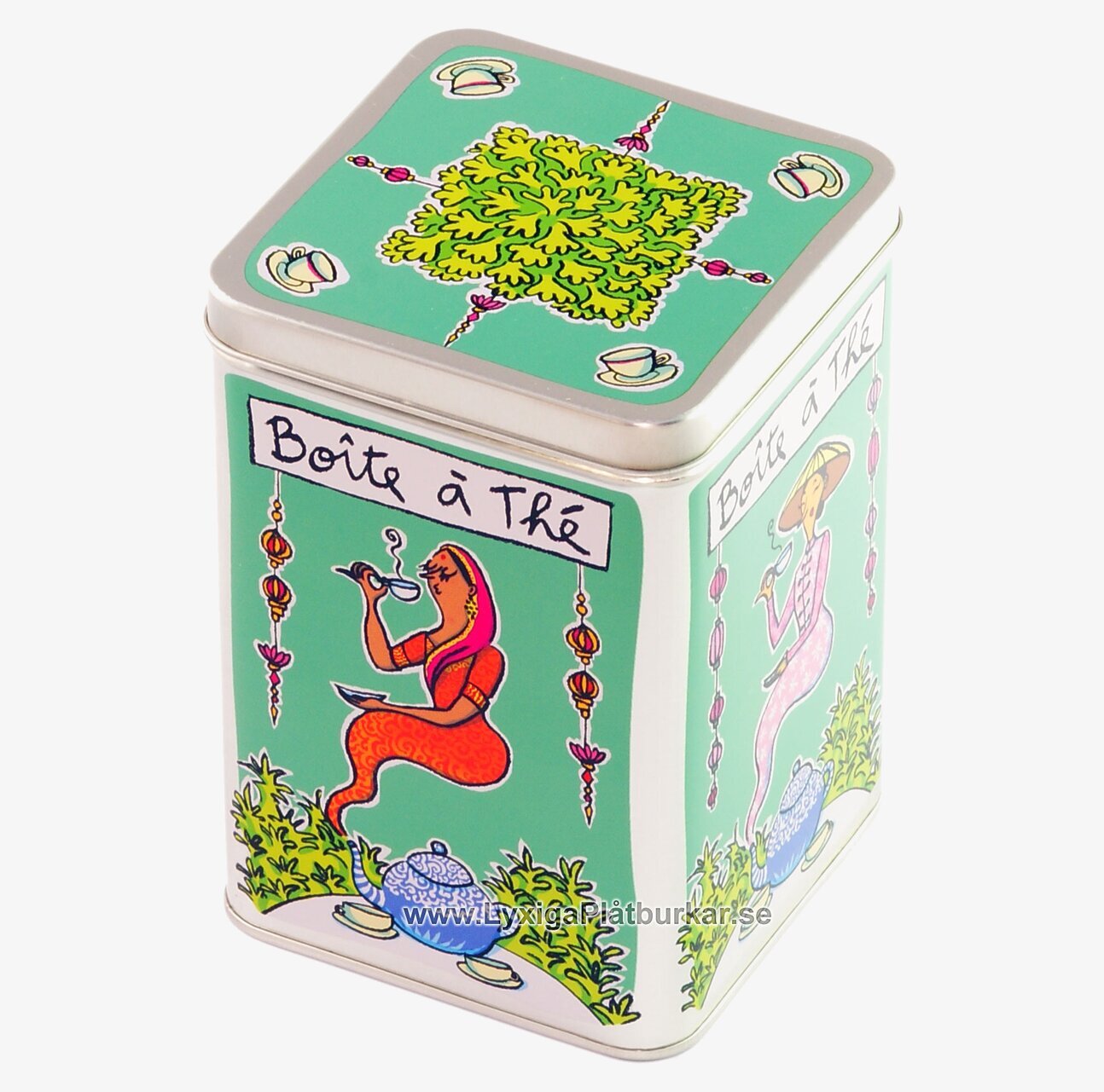 Bild av livfull plåtburk med te-tema och tropisk design