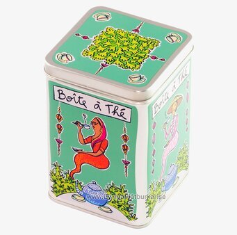 Bild av livfull plåtburk med te-tema och tropisk design