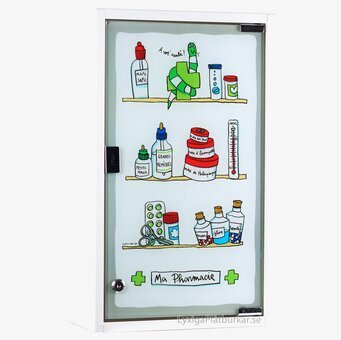 Bild av humoristiskt medicinskåp med lekfull design