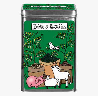 Foto av färgglad plåtburk med djur och linser motiv