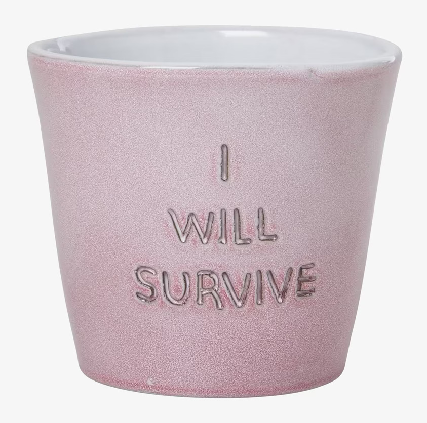 Blomkruka I Will Survive av Rice i rosa keramik med text