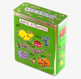 Bild av livfull plåtburk med humoristiska hundmotiv