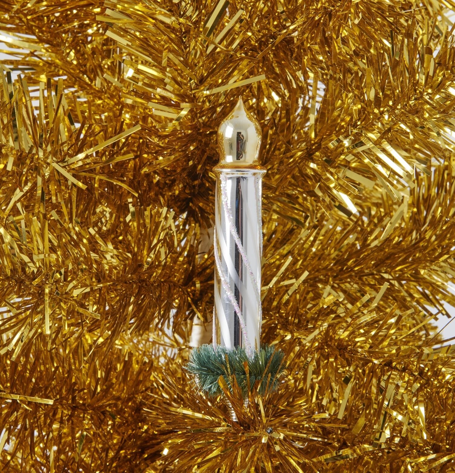 Candle Ornament från Rice med gyllene glitter och grankvist