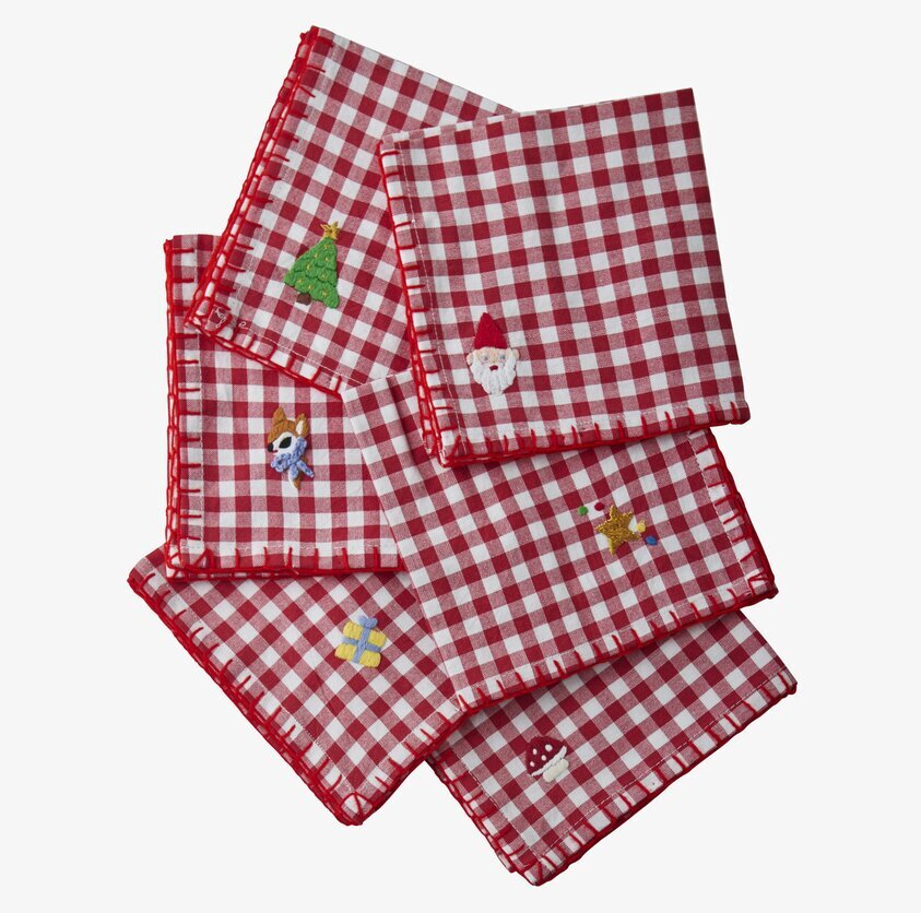 Christmas Napkins från Rice med julbroderier och rödvita rutor