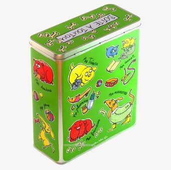 Bild av livfull plåtburk med humoristisk hunddesign