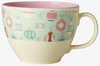 Bild av färgglad jumbomugg med julgranskulor i melamin