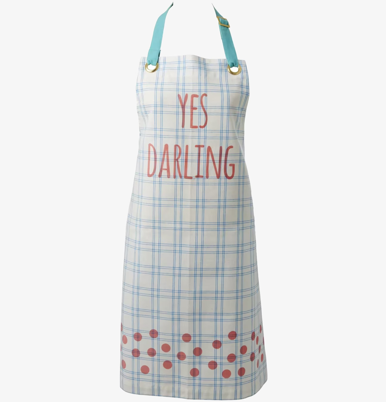 Förkläde Yes Darling Blå från Rice med rutmönster och text