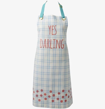 Förkläde Yes Darling Blå från Rice med rutmönster och text