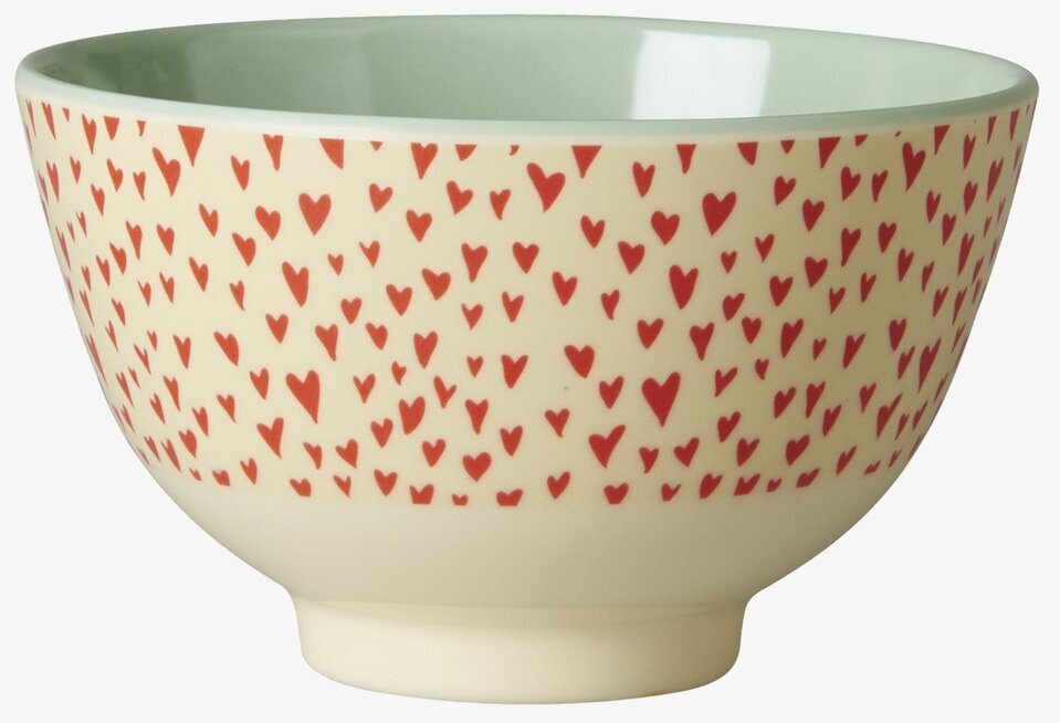 Liten Skål Hjärtan från Rice med röda hjärtan och grön insida