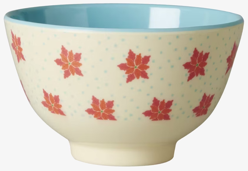 Liten Skål Blommor från Rice med rött blommönster och blå insida