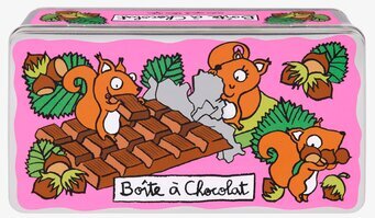 Bild av lekfull plåtburk med chokladtema och ekorrar