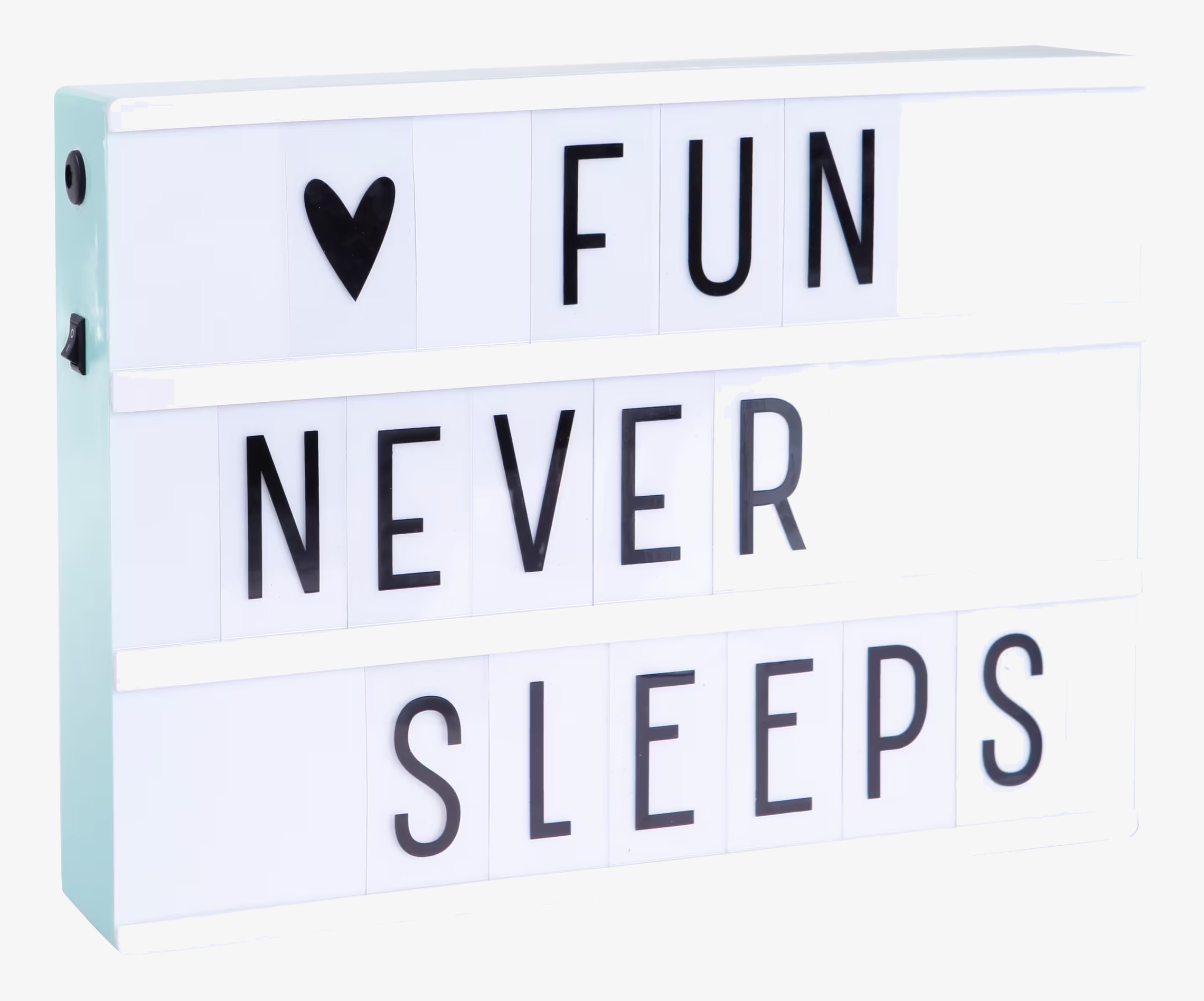Lightbox Mint A4 från A Little Lovely Company med texten FUN NEVER SLEEPS