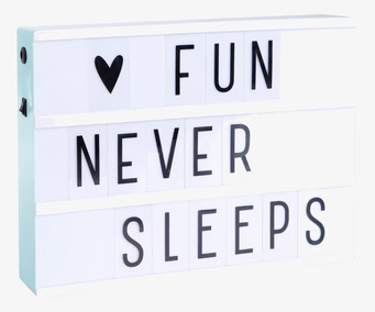 Lightbox Mint A4 från A Little Lovely Company med texten FUN NEVER SLEEPS
