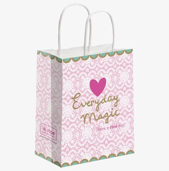 Presentpåse Rice med rosa och vit spetsdesign, cerise hjärta