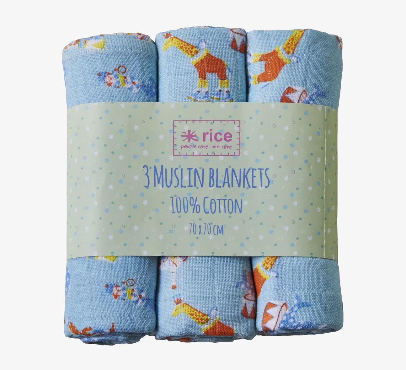 Snuttefilt Muslin 3-Pack Blå från Rice med lekfulla motiv