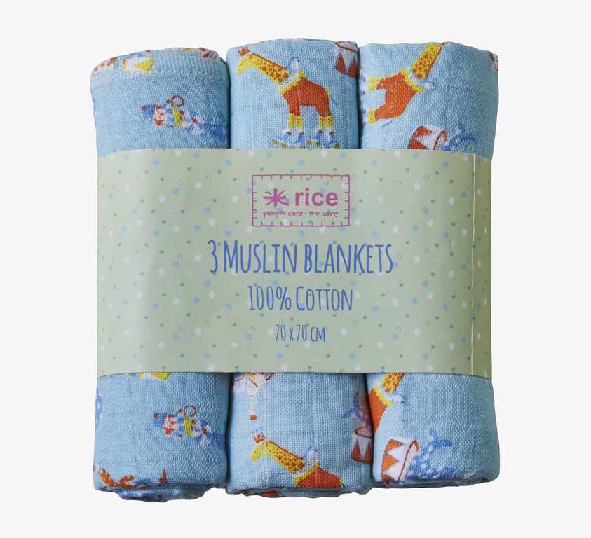 Snuttefilt Muslin 3-Pack Blå från Rice med lekfulla motiv