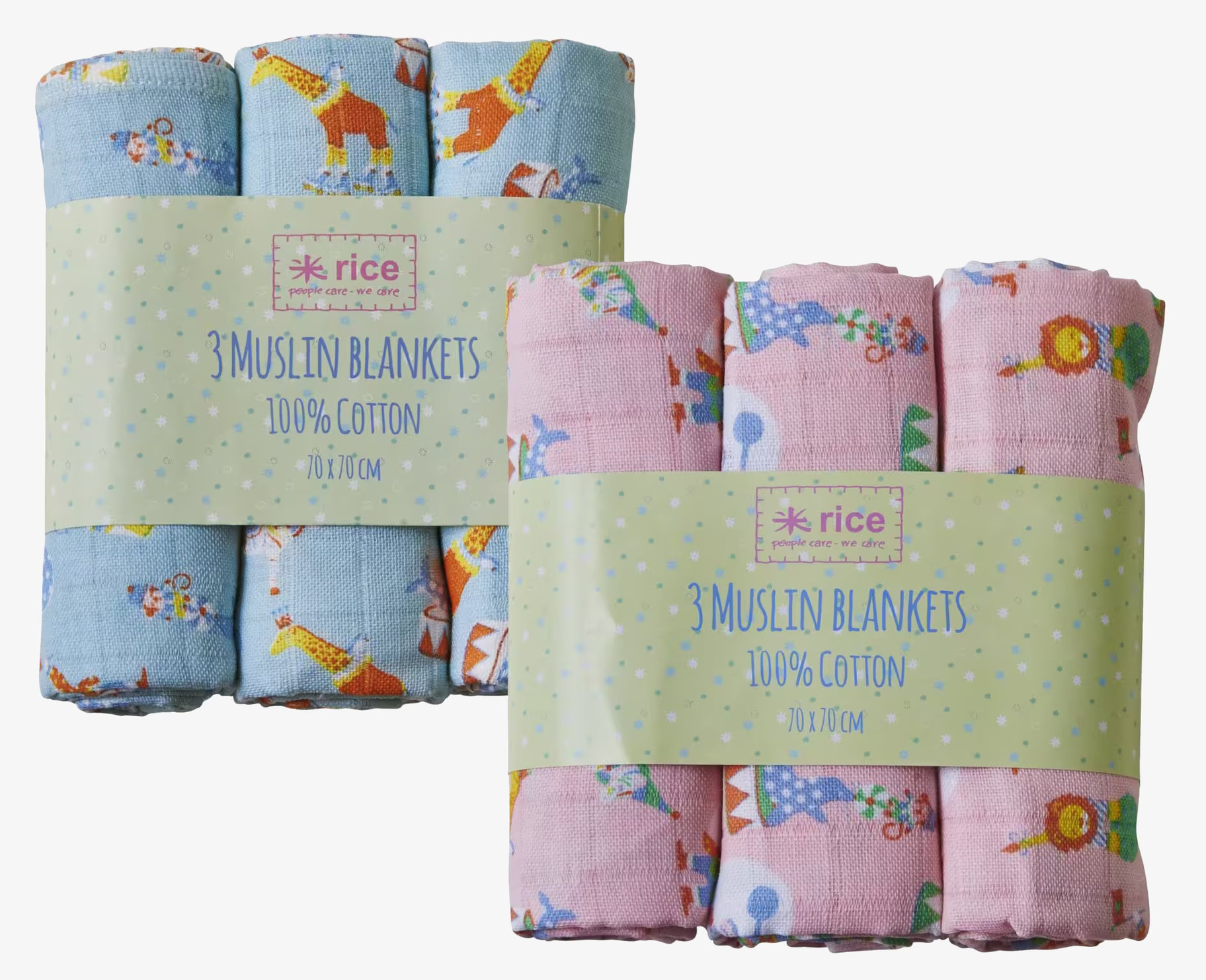 Snuttefilt Muslin 3-Pack Blå från Rice med färgglada djur