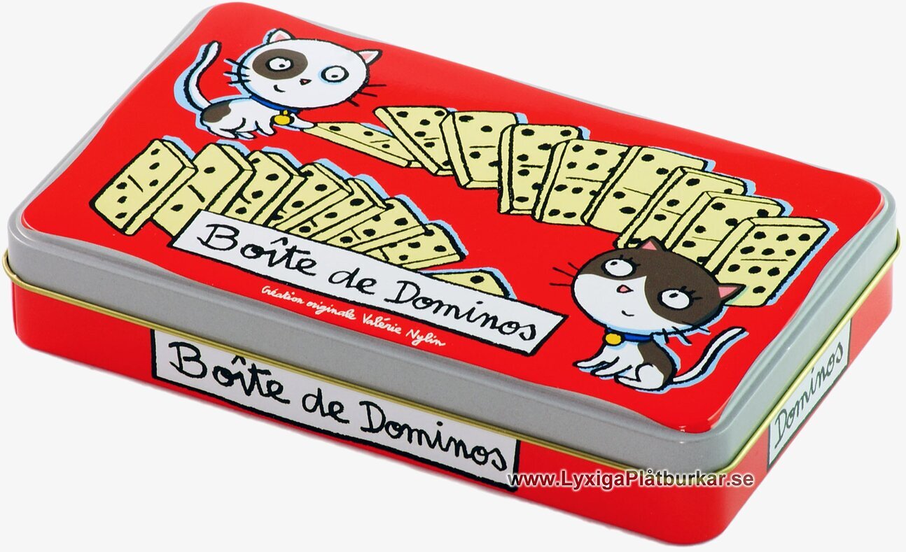 Bild av färgglad plåtburk med katter och dominobrickor