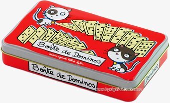 Bild av färgglad plåtburk med katter och dominobrickor