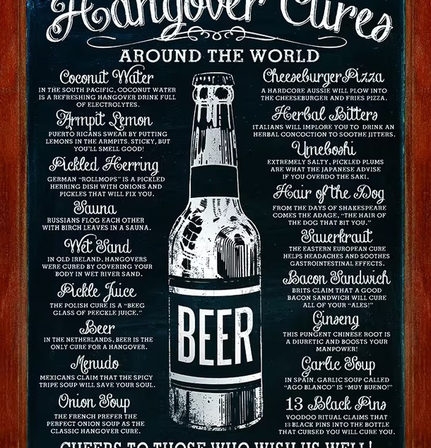 Plåtskylt Hangover Cures från Americana Classic Vintage